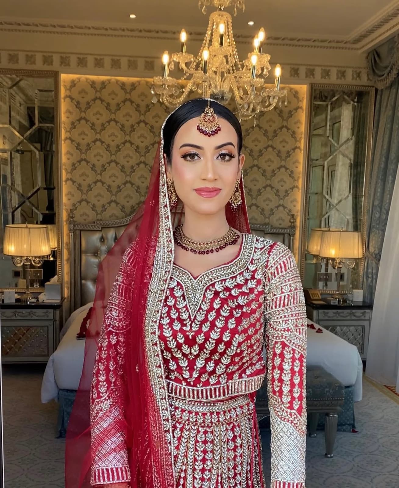 Indian bridal makeup in red lehenga, reception look by Elani, makeup artist Dubai